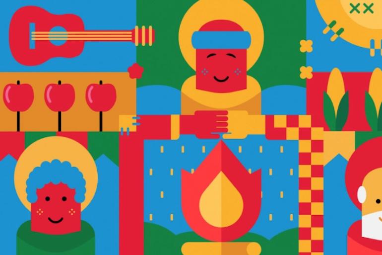 Ilustração de elementos de festa junina, como fogueira, violão, maçã do amor e milho